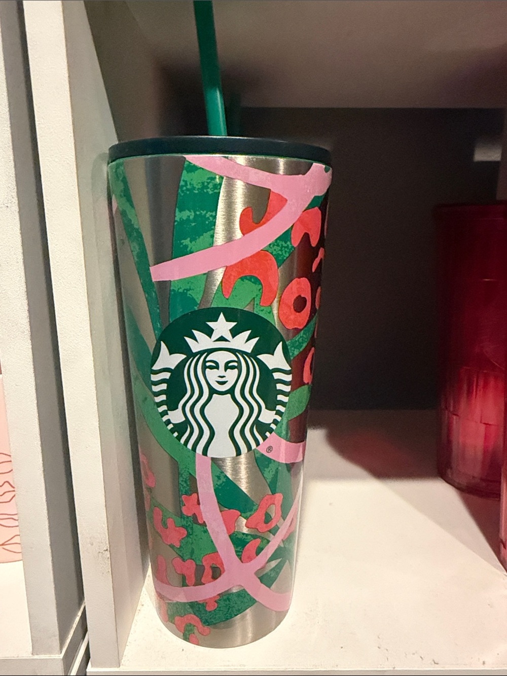 Starbucks Stainless Steel Tumbler with Green and Pink Swirl Accents
